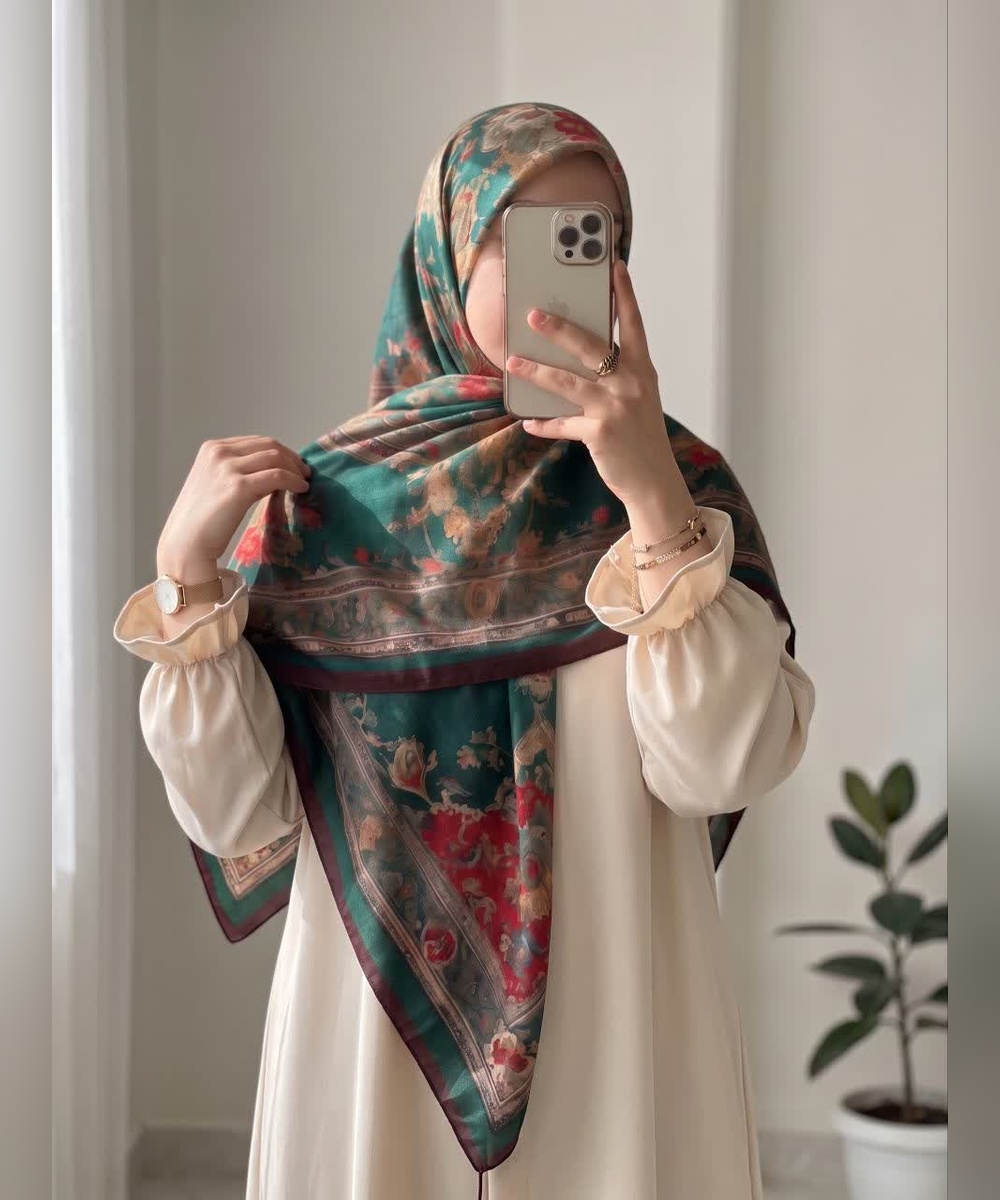 روسری نخی گلدار قواره ۱۴۰ رنگ سبز و زرشکی