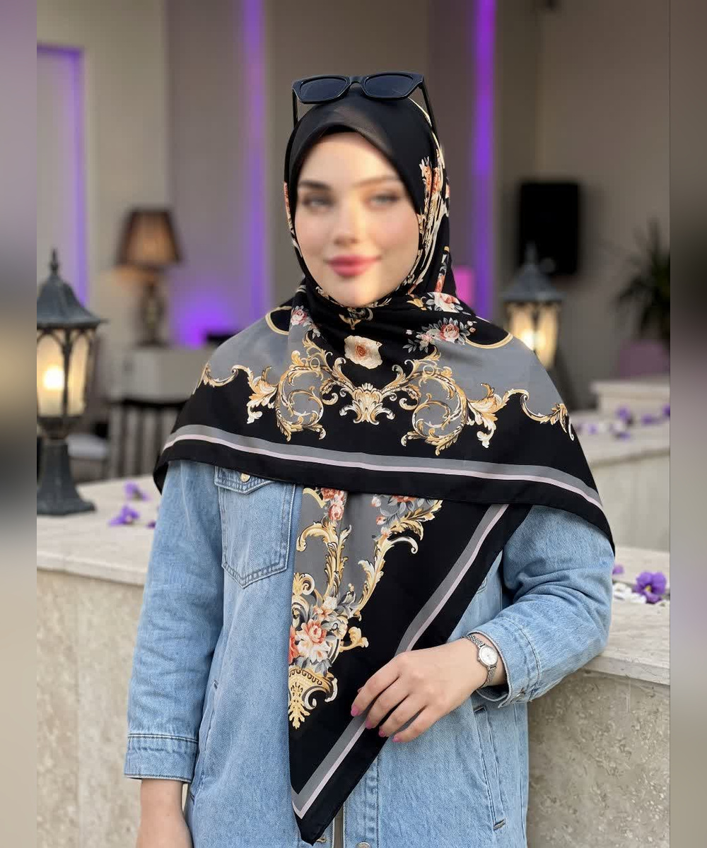 روسری کرپ‌نخ طرح‌دار قواره ۱۴۰ مدل دوم رنگ طوسی