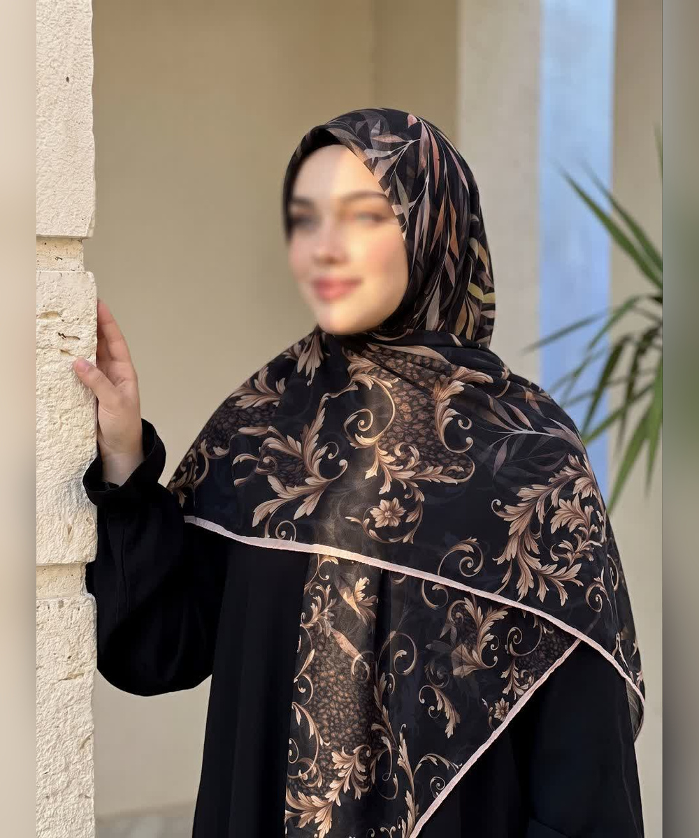 روسری کرپ‌نخ طرحدار تک‌رنگ قواره ۱۴۰ - رنگ مشکی و قهوه‌ای - تصویر 1