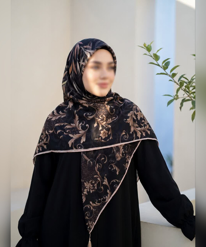 روسری کرپنخ طرحدار تکرنگ قواره ۱۴۰ - رنگ مشکی و قهوهای - تصویر 2