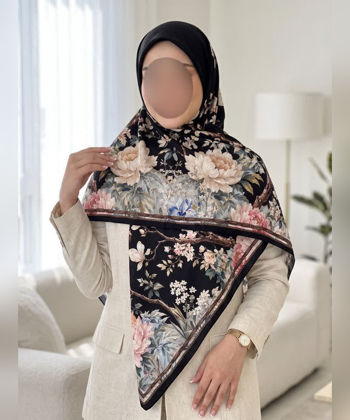 روسری ابریشم طرح گل صدپر قواره ۱۳۵