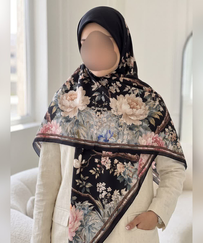 روسری ابریشم طرح گل صدپر قواره ۱۳۵