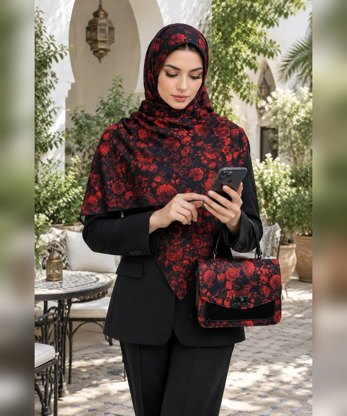 ست کیف و روسری طرح گل قرمز سنتی – کیف کوچک