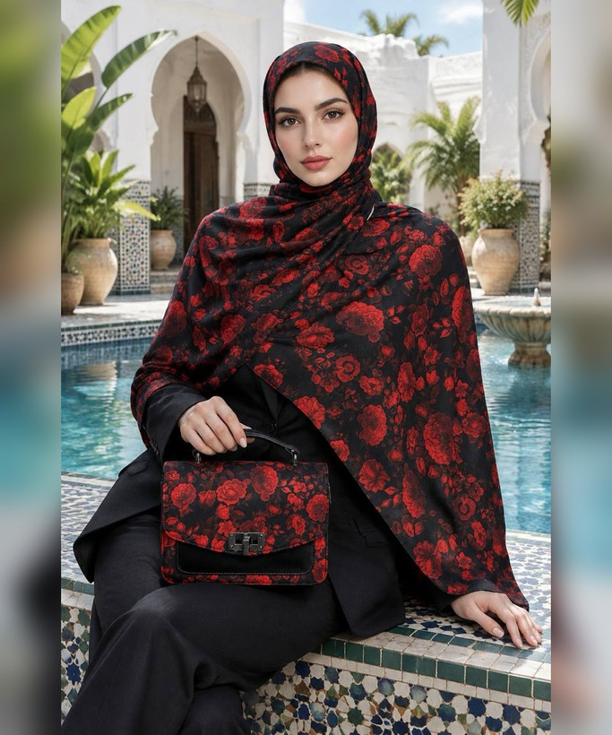 ست کیف و روسری طرح گل قرمز سنتی – کیف بزرگ