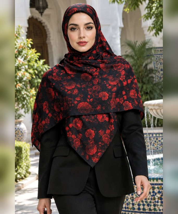 روسری نخ اسپان طرح گل قرمز سنتی قواره ۱۳۰